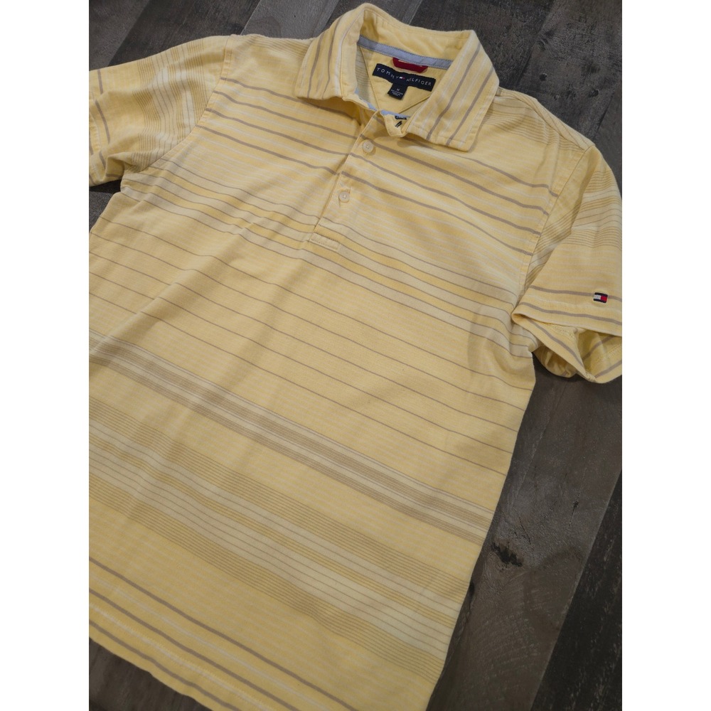 Tommy Hilfiger Mens Yellow Horizontal Striped Cotton Short Sleeve Polo Shirt Med